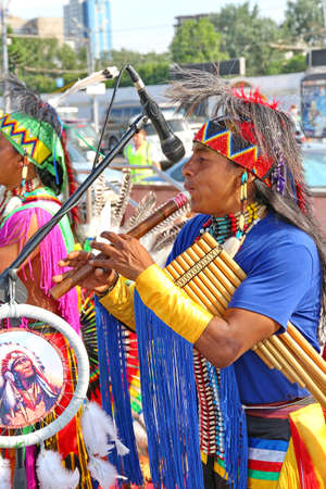 MOSCOW, RUSSIA - JUNE 1: Native American Indian tribal group play music and sing in the street for tourists and city dwellers on June 1, 2013 in Moscow, Russia のeditorial素材