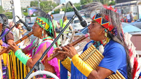 MOSCOW, RUSSIA - JUNE 1: Native American Indian tribal group play music and sing in the street for tourists and city dwellers on June 1, 2013 in Moscow, Russia のeditorial素材