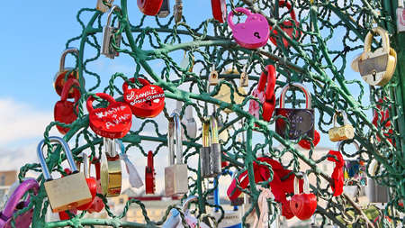 Tree of Love, Luzhkov Bridge  Moscow, Russia  Padlocks in the shape of a heart - a symbol of eternal love and union のeditorial素材