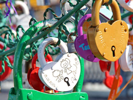 Tree of Love, Luzhkov Bridge  Moscow, Russia  Padlocks in the shape of a heart - a symbol of eternal love and union のeditorial素材