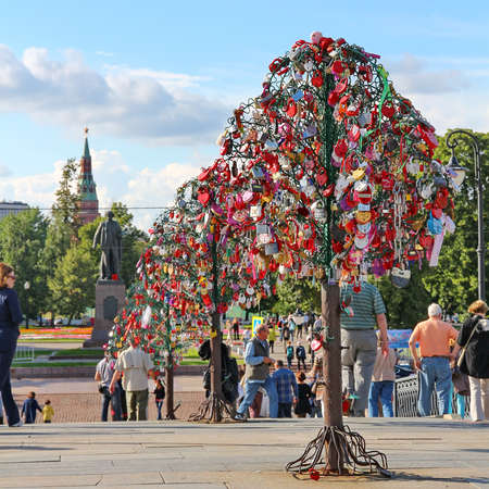 MOSCOW, RUSSIA - JULE 25: Trees of love on Luzhkov bridge on Jule 25, 2013 in Moscow, Russia. The...