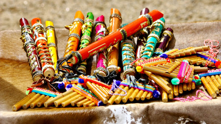 Native American colorful Andean flutes on artisan traditional product market
の写真素材
