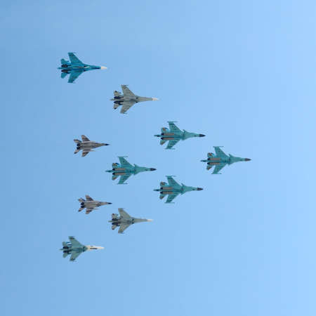 MOSCOW, RUSSIA - MAY 9, 2013: Russian army military jets during military parade for the Victory Day which will take place at Moscow's Red Square.のeditorial素材