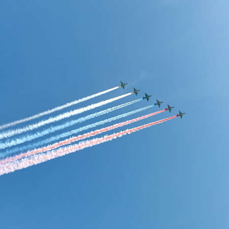 MOSCOW, RUSSIA - MAY 9, 2013: Russian army military jets during military parade for the Victory Day...