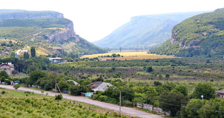 Mountains, plains in the Crimea under a blue skyの写真素材