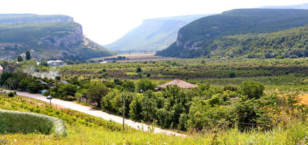Mountains, plains in the Crimea under a blue skyの写真素材