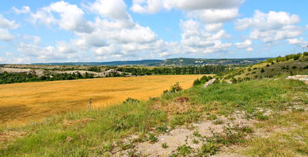 Mountains, plains in the Crimea under a blue skyの写真素材