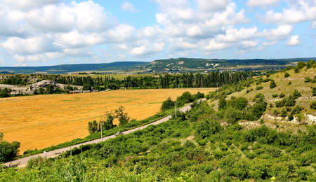 Mountains, plains in the Crimea under a blue skyの写真素材