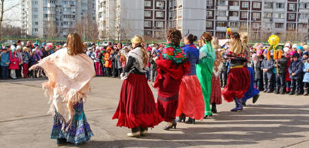 Moscow, Russia - March 11, 2016: Maslenitsa (pancake week, shrovetide) is a carnival of farewell winter and meeting spring in Russia. For editorial use only.のeditorial素材