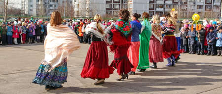 Moscow, Russia - March 11, 2016: Maslenitsa (pancake week, shrovetide) is a carnival of farewell winter and meeting spring in Russia. For editorial use only.のeditorial素材