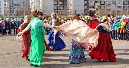 Moscow, Russia - March 11, 2016: Maslenitsa (pancake week, shrovetide) is a carnival of farewell winter and meeting spring in Russia. For editorial use only.のeditorial素材