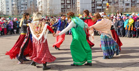 Moscow, Russia - March 11, 2016: Maslenitsa (pancake week, shrovetide) is a carnival of farewell winter and meeting spring in Russia. For editorial use only.のeditorial素材