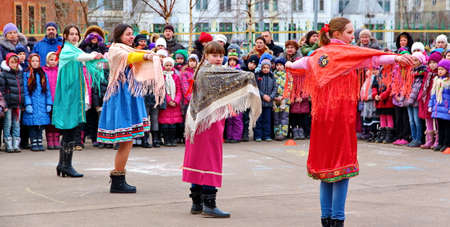 Moscow, Russia - March 1, 2014: Maslenitsa (pancake week, shrovetide) is a carnival of farewell winter and meeting spring in Russia. For editorial use only.のeditorial素材