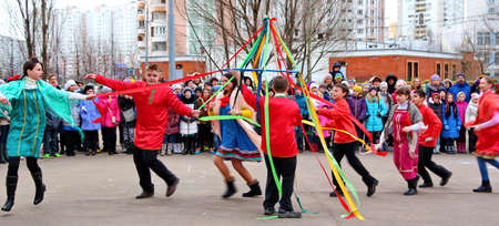 Moscow, Russia - March 1, 2014: Maslenitsa (pancake week, shrovetide) is a carnival of farewell winter and meeting spring in Russia. For editorial use only.のeditorial素材