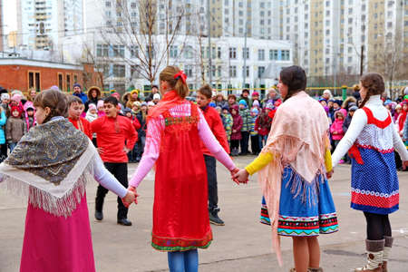 Moscow, Russia - March 1, 2014: Maslenitsa (pancake week, shrovetide) is a carnival of farewell winter and meeting spring in Russia. For editorial use only.のeditorial素材