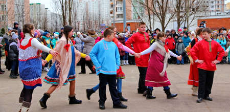 Moscow, Russia - March 1, 2014: Maslenitsa (pancake week, shrovetide) is a carnival of farewell winter and meeting spring in Russia. For editorial use only.のeditorial素材