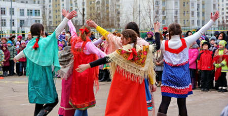 Moscow, Russia - March 1, 2014: Maslenitsa (pancake week, shrovetide) is a carnival of farewell winter and meeting spring in Russia. For editorial use only.のeditorial素材