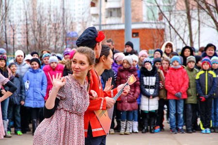 Moscow, Russia - March 1, 2014: Maslenitsa (pancake week, shrovetide) is a carnival of farewell winter and meeting spring in Russia. For editorial use only.のeditorial素材