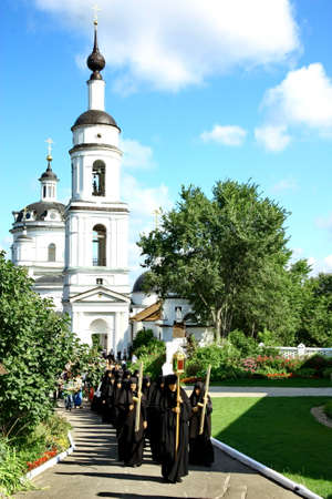MALOYAROSLAVETS, RUSSIA - AUGUST 19, 2012: Nuns take part in the religious procession in Monastery of St. Nicholas in the ancient Russian city Maloyaroslavets. For editorial use only.のeditorial素材
