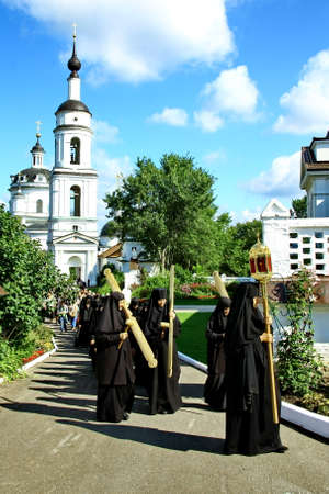 MALOYAROSLAVETS, RUSSIA - AUGUST 19, 2012: Nuns take part in the religious procession in Monastery of St. Nicholas in the ancient Russian city Maloyaroslavets. For editorial use only.のeditorial素材