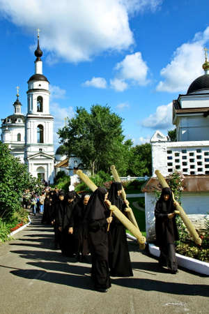 MALOYAROSLAVETS, RUSSIA - AUGUST 19, 2012: Nuns take part in the religious procession in Monastery of St. Nicholas in the ancient Russian city Maloyaroslavets. For editorial use only.のeditorial素材