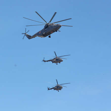 MOSCOW, RUSSIAN - MAY 9, 2013: Demonstration flight of military helicopters, a parade dedicated to...