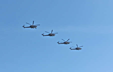 MOSCOW, RUSSIAN - MAY 9, 2013: Demonstration flight of military helicopters, a parade dedicated to...
