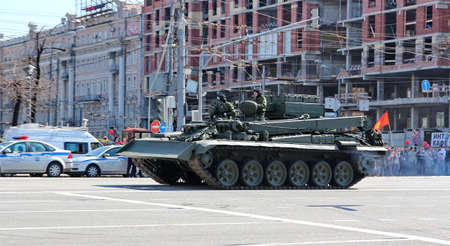 Moscow, RUSSIA - MAY 9 2013: Military transportation on its back way after Victory Day Parade. For editorial use only.のeditorial素材
