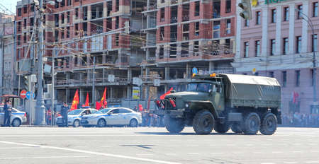Moscow, RUSSIA - MAY 9 2013: Military transportation on its back way after Victory Day Parade. For editorial use only.のeditorial素材