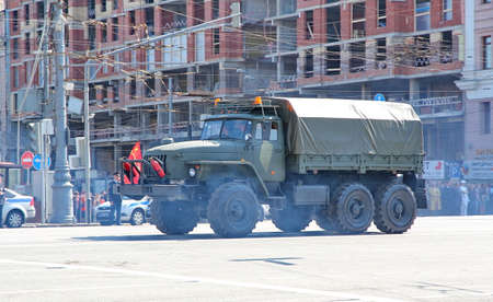 Moscow, RUSSIA - MAY 9 2013: Military transportation on its back way after Victory Day Parade. For editorial use only.のeditorial素材