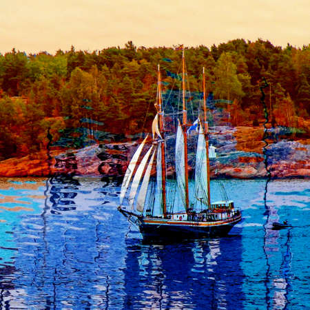 Sail ship. Photo in vintage image styleの写真素材