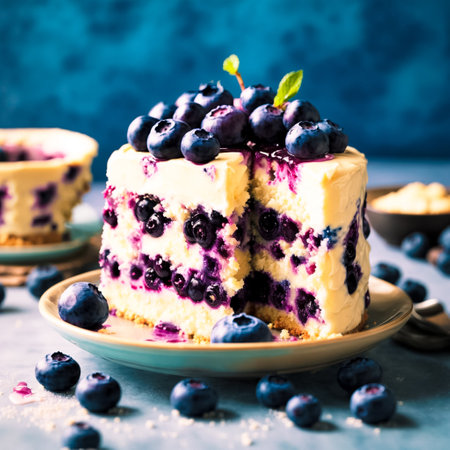 Blueberry cheesecake with fresh blueberries. toning. selective focus.Berries cake.Pastry.Fruit...