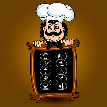 Chef offers a menu and a set of food icons. Vector illustration.のイラスト素材