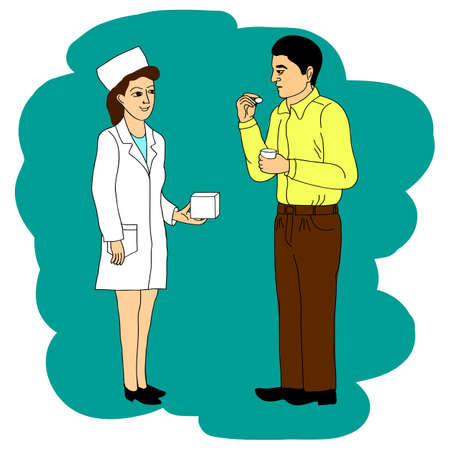 The doctor recommends the patient to cure the disease. Vector cartoon doodle illustration.のイラスト素材