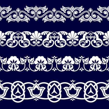 Symmetrical seamless pattern of white cotton ribbon on a blue background in the Uzbek national styleのイラスト素材