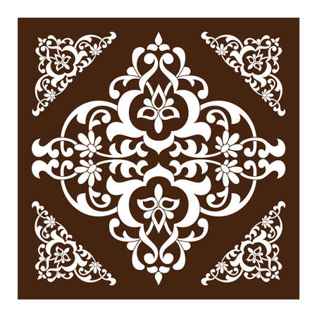 Vector pattern in East, Asia style as a template for tiles, backgrounds, covers, postcards, wallpapers, textiles. White floral swirls on a brown backdrop.のイラスト素材