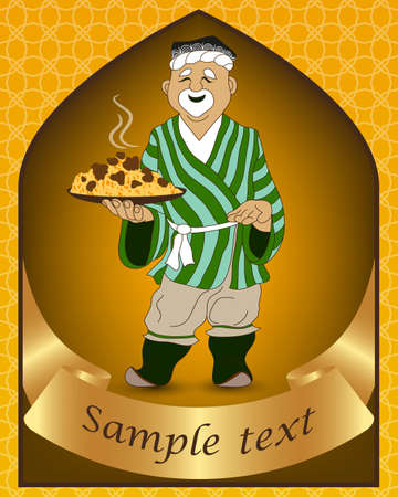 Cartoon doodle hand draw an Uzbek man prepares and invites pilaf - the national dish of Uzbekistan, Asia. Illustration as a template for the cook poster, teahouse sign, billboard.のイラスト素材