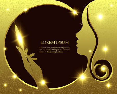 Silhouette the face of a beautiful girl, golden background for your design. Vector illustration.のイラスト素材
