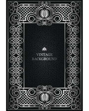 Vector Floral Vintage Frame as a template for the book covers design, old pages, photo frames, invitations, certificates, cards. Victorian luxury ornamental design, silver border on dark background.のイラスト素材