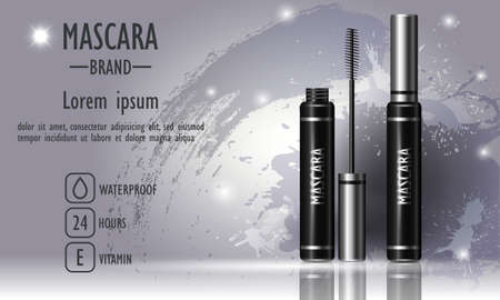 Cosmetics beauty series, ads of premium mascara on gray  background. Template for design posters, placard, logo, presentation, banners, covers, vector illustration.のイラスト素材
