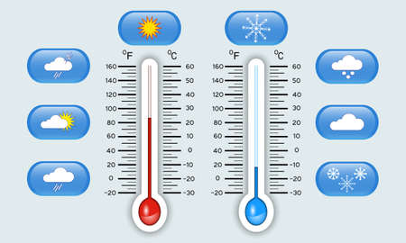 Celsius and Fahrenheit meteorology thermometers showing hot and cold temperature vector illustration