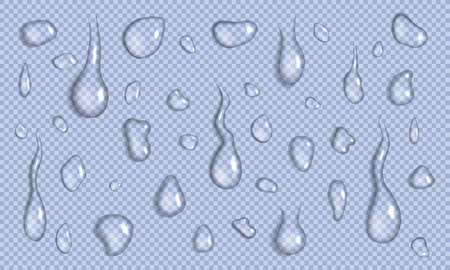 Set of realistic water drops and splash different sizes on a transparent background, condensation of rain, collection for design.のイラスト素材