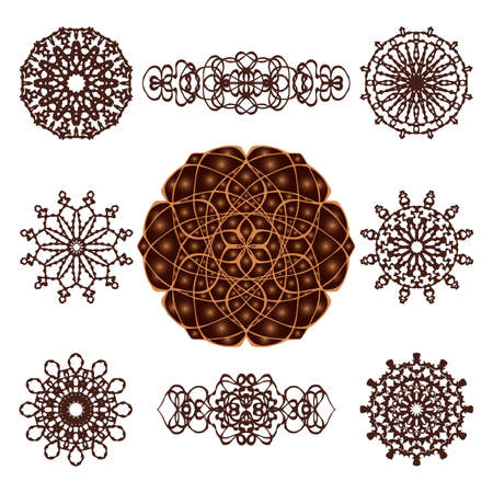 Vector set of round mandala patterns and ribbon elements. Geometric templates for creating festive invitations, holiday, Indian and Arabic design, kaleidoscope.のイラスト素材