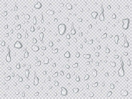 Vector set of realistic water drops and splash different sizes on a transparent background, condensation of rain, collection for design mockup, banners.のイラスト素材