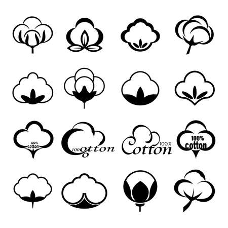 Vector set of icons indicating the cotton marks, labels or textile products, isolated on white background. Mockup for design, illustration.のイラスト素材