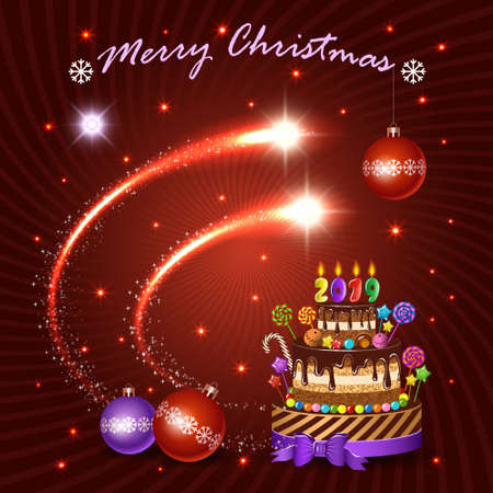 Christmas and New Year holiday vector banner. Shining  flash elements, cake and decorations for typography design posters, backgrounds, advertisements, cards, invitations, illustration.のイラスト素材