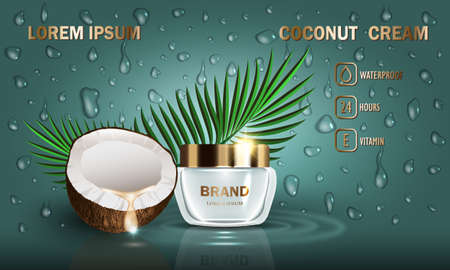 Cosmetics coconut beauty series, premium cream for skin care and set of drops. Template for design poster, placard, presentation, banners, mockup, ads, vector illustration.のイラスト素材