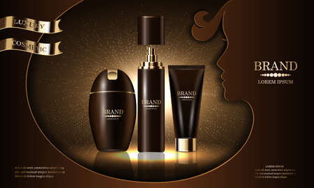 Cosmetics beauty product series, premium body spray cream shampoo for skin care, template for design poster, cosmetic presentation, banners mockup, backgrounds, vector illustration.のイラスト素材