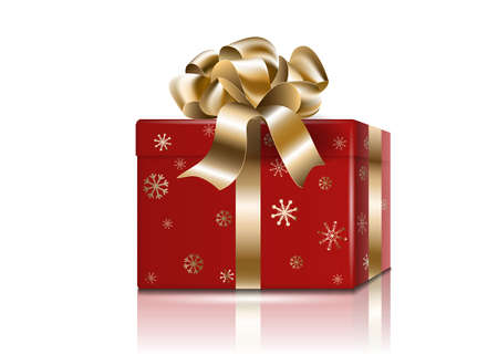 Cristmas gift new year holiday red box wiht golden bow and ribbons, realistic 3d mockup with reflections and shadows isolated on white background. Vector illustration.のイラスト素材