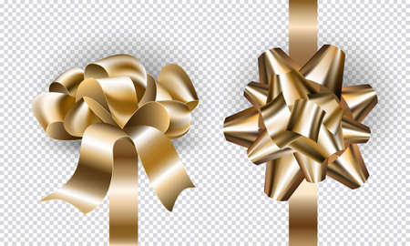 Gift holiday New Year bows and ribbons set for design. Realistic golden bow mock up top and side view with shadows isolated on transparent background. Vector illustration.のイラスト素材